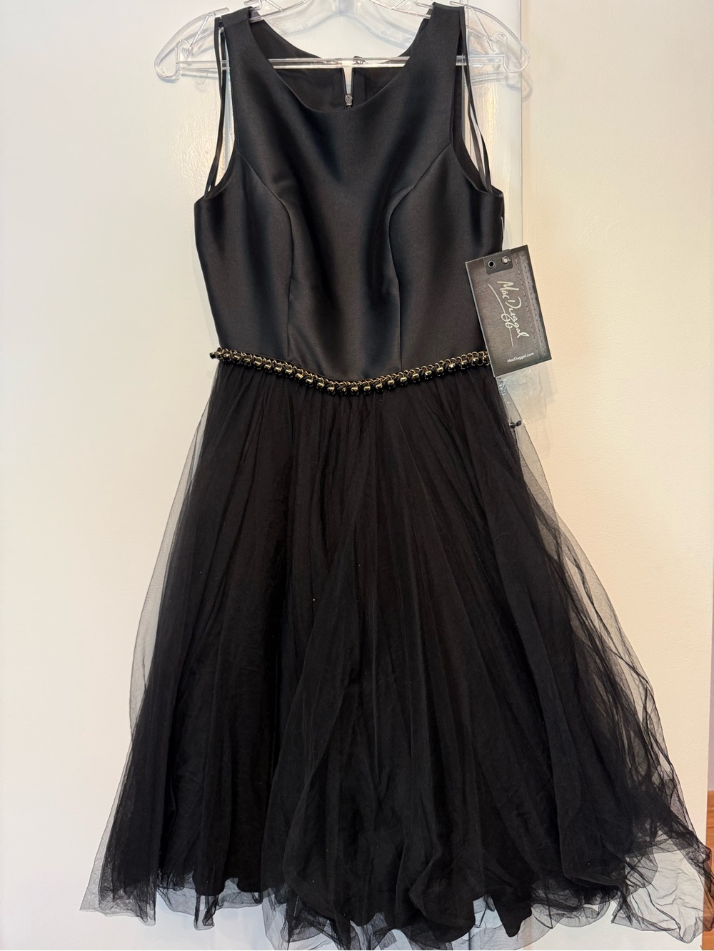 Mac Duggal Black Sleeveless Tulle Party Dress with Beaded Waist